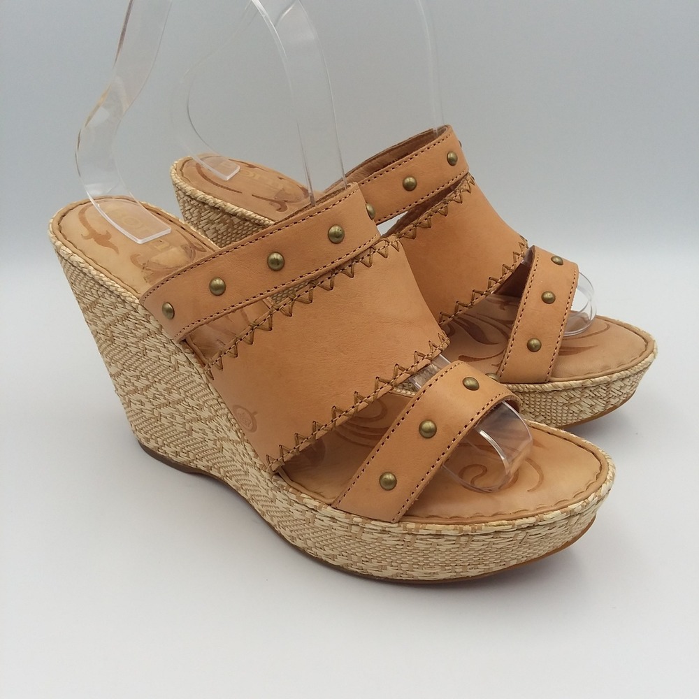 Born Borini Tan Leather Raffia Wedge Sandals Studded Straps Women's 9M Boho - Picture 4 of 16